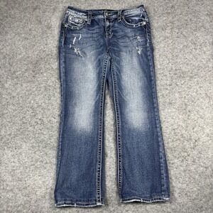 Miss Me Mid Rise Boot Cut Jeans Womens 29x32 Blue Embroidered Flap Pockets